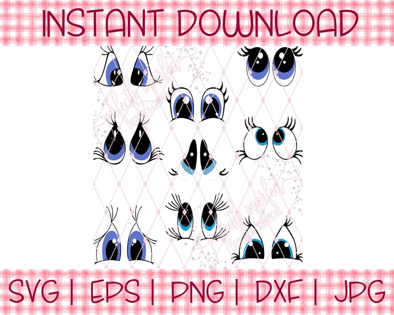 K&ouml;nnte beinhalten: Eine digitale Download-Grafik mit verschiedenen Cartoon-Augen-Designs. Die Augen haben blaue, schwarze und wei&szlig;e Farben mit Wimpern. Die Worte "INSTANT DOWNLOAD" stehen oben, und Dateityp-Abk&uuml;rzungen stehen unten.