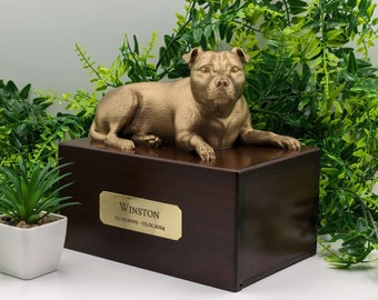 Luxury Staffordshire Bull Terrier Ashes Box | Staffordshire Bull Terrier Ashes Urn | Dog Ashes Urn | Pet Urn | Custom brass name plaque.