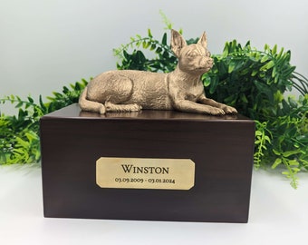 Boîte de cendres de luxe de chihuahua | Urne à cendres Chihuahua | Urne à cendres de chien | Urne pour animaux de compagnie | Plaque nominative personnalisée en laiton.