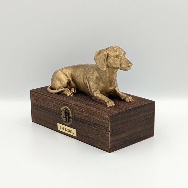 Luxury Dachshund Ashes Urn | Dachshund Ashes Box | Dog Ashes Urn | Pet cremation Urn | Custom metal name plaque.