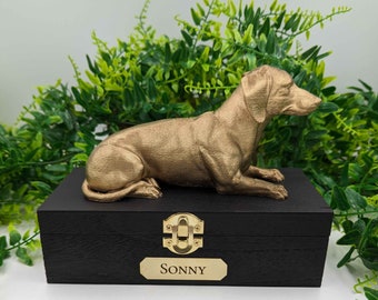 Urna de lujo para cenizas de perro salchicha: placa personalizada con nombre e impresión 3D pintada a mano