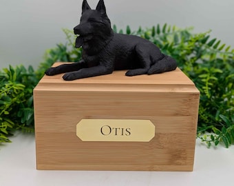 German Shepherd Ashes Urn: Luxury bamboo Dog Memorial Box with Custom Plaque