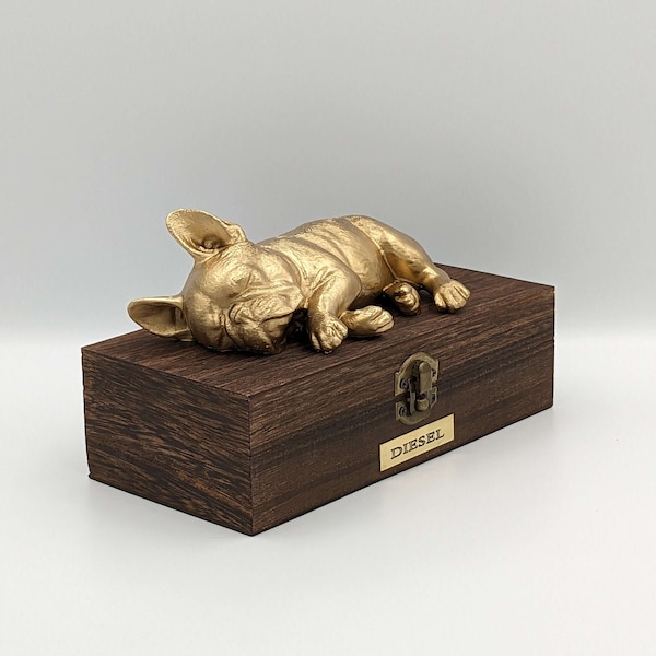 Luxus Französische Bulldogge Asche Box | Französische Bulldogge Asche Urne | Hundeasche Urne | Haustier Urne | Namensschild aus Messing.