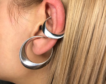 Chunky geometric non piercing sterling silver hoop ear cuffs.