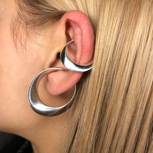 Chunky geometric non piercing sterling silver hoop ear cuffs.