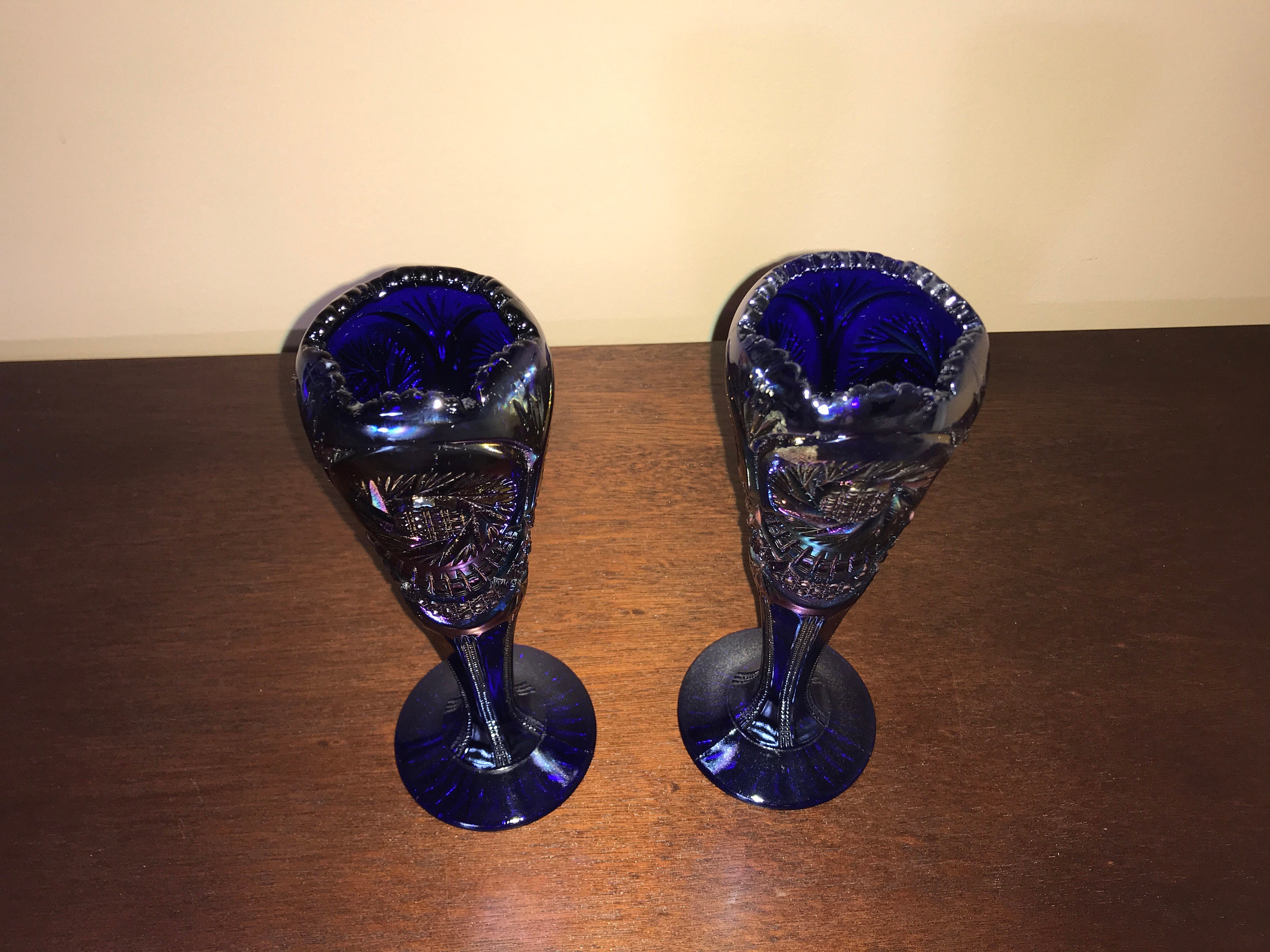 PairImperialGlassCobaltBlueIridescentVases Etsy