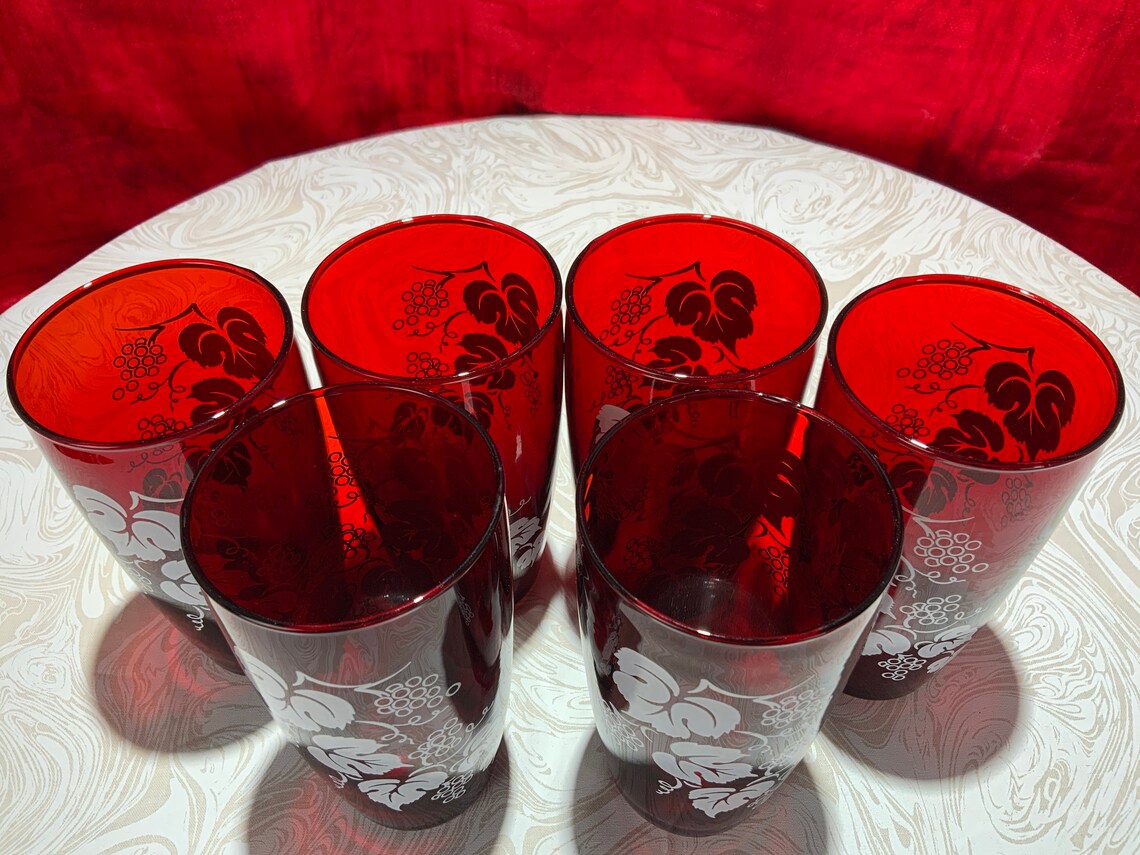 Set Of 6 Vintage Ruby Red Drinking Glasses White Grapes Leaves Etsy