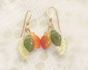 Vintage ETCHED GLASS Bead LEAF Dangle Earrings Pierced Green Orange Yellow Leaves