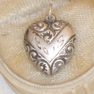 Antique Sterling Silver PUFFY HEART Charm engraved Lois Vintage Doll Minimalist Pendant
