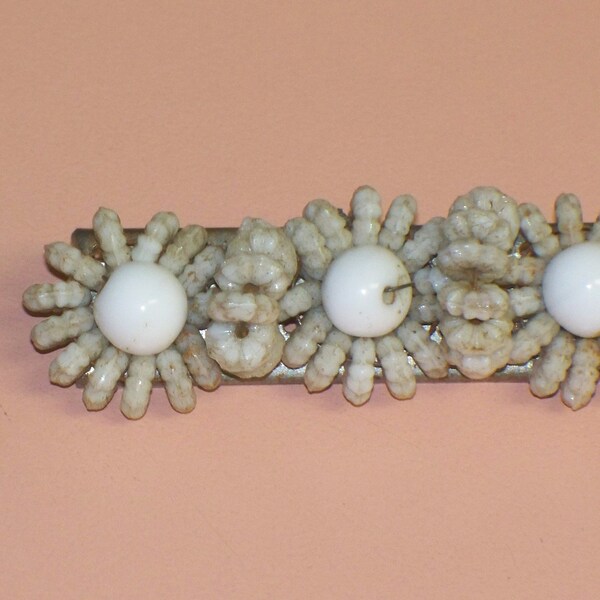 Vintage Miriam Haskell Style Wired Beaded Brooch, Unsigned White Milk Glass Bead Pin in Flower Design