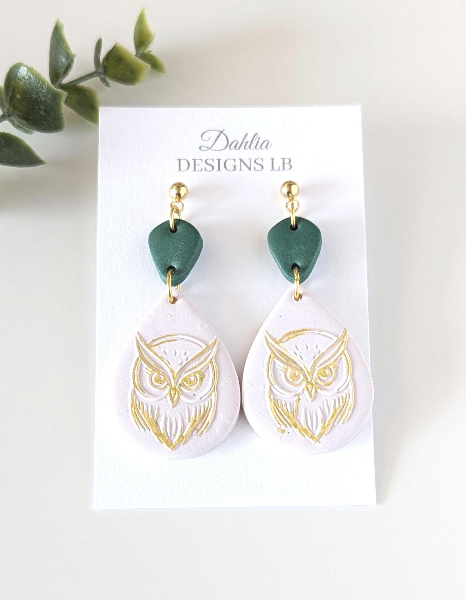 Pink and green owl print earrings