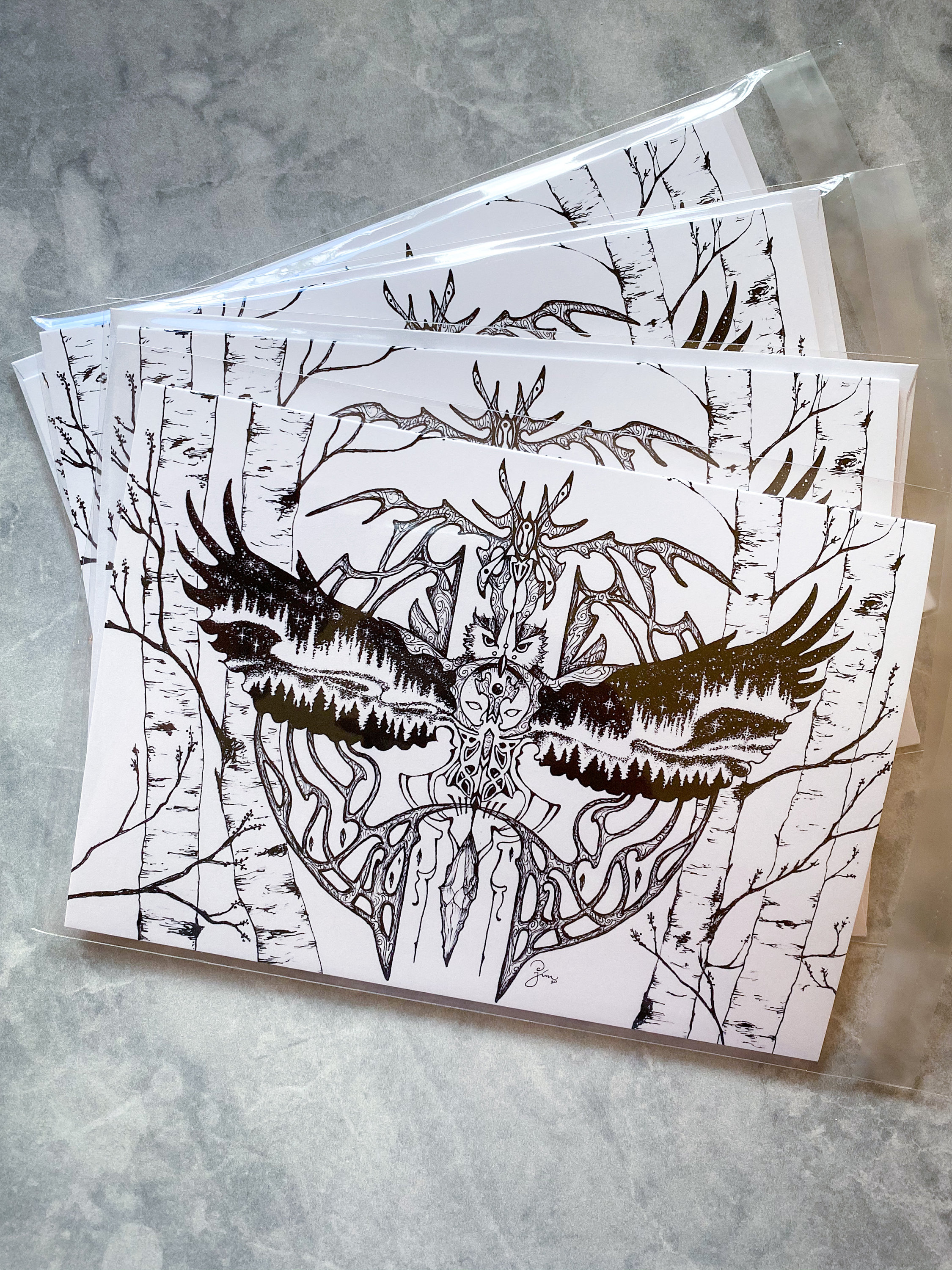 Sacred Guardian Owl 4-PACK Greeting Cards (5 x 7) Birch Forest Nature