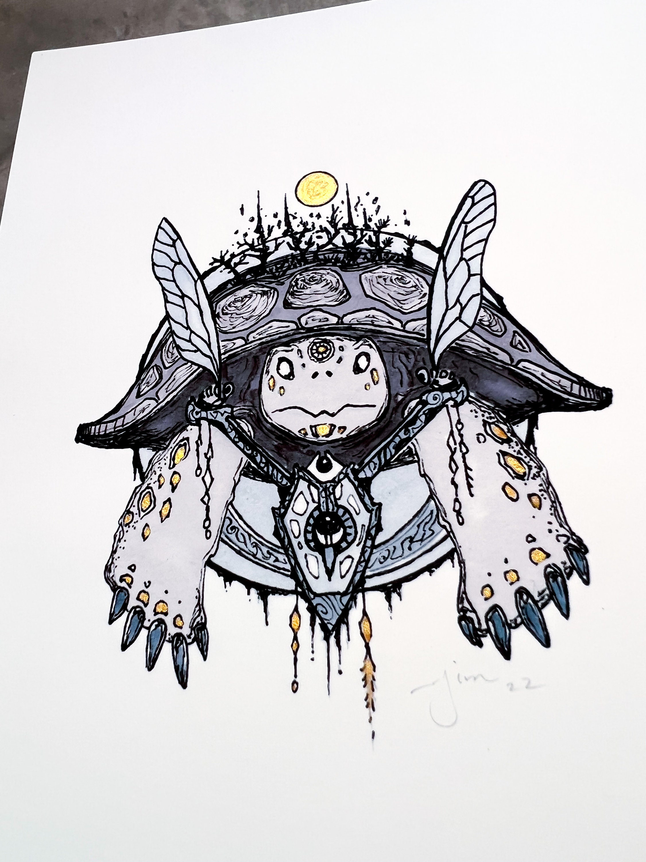 Tortoise Art Print With Hand-painted Gold Ink, Illustration (5x7) - Etsy