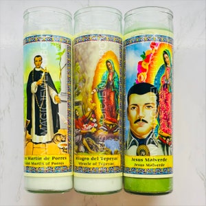 Religious Glass Candles | Saint Martin of Porres | Jesus Malverde | Miricle of Tepeyac | Glass Candles | Religious