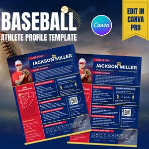 Puede incluir: Una plantilla de perfil de atleta de béisbol con un esquema de color azul y rojo con texto blanco. El documento incluye secciones para información del jugador, logros académicos, estadísticas atléticas y un código QR para videos.