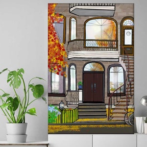 Téléchargement numérique, Peint à la main, Montréal, Escaliers de Montréal, Maisons de Montréal, Montréal en automne