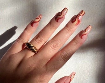 24pcs Brown Swirls Press On Nails | Long Coffin Press On Nails | Matte Nails | Nails Press On| Fake Nails| Glue On Nails| Nails with Designs