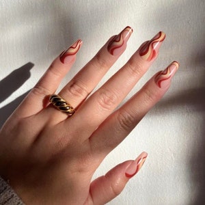 24pcs Brown Swirls Press On Nails | Long Coffin Press On Nails | Matte Nails | Nails Press On| Fake Nails| Glue On Nails| Nails with Designs