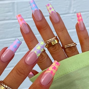 24 pcs Houndstooth Colorful French Tip Coffin Press On Nail| Long Press On Nails| Long Coffin Nails Press On| Fake Nails Set|Glue On Nails