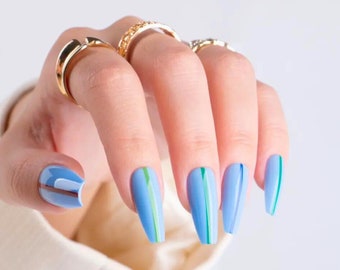 30pcs Light Blue Press On Nails| Coffin Press On Nail| Nails Press On| Long Press On Nails| Fake Nails| Glue On Nails| Press On Nails Coffin