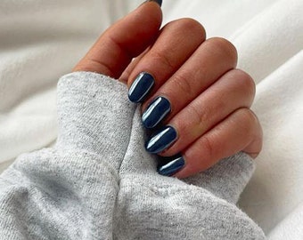 Navy Blau Chrom Nägel Hailey Bieber Glasierte Nägel | Kurze runde Presse auf den Nägeln | Kurzes Oval Drücken Sie auf die Nägel | Chrom Nägel Kurz | Schwarzes Chrom
