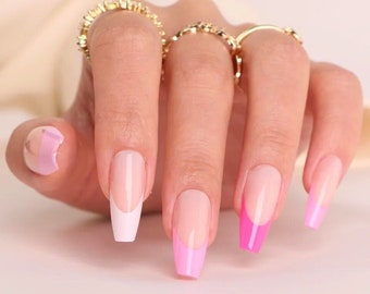 30 pcs Pink French Tips Press On Nails| Pink Press On Nails| Glue On Nails| Nails Press On| Fake Nails| French Tip Nails Coffin| Pink Nails