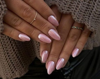 24 pcs Pink Pearl Chrome Nails| Press On Nails Short| Nails Press On| Press On Nails| Fake Nails| Almond Press On Nail| Press On Nail Almond