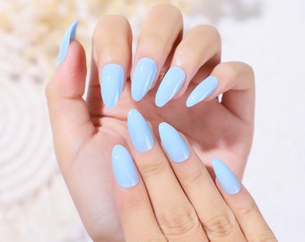 24pcs Solid Blue Press On Nails| Baby Blue Sky Blue Light Blue Nails| Press On Nails| Fake Nails| Almond Press On Nail| Press On Nail Almond