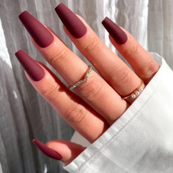 24pcs Matte Burgundy Maroon Coffin Press On Nails| Long Coffin Nails Press On| Fall Press On Nails | Glue On Nails| Fake Nails Set