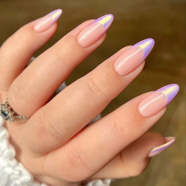 24 pcs Metallic Chrome Lavender Purple French Tip Press On Nails| Press On Nails Short| Fake Nail| Almond Press On Nail|Press On Nail Almond