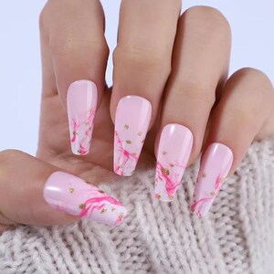 24 pcs Pink Design Coffin Press On Nails| Press On Nails Coffin| Glue On Nails| Press On Nails Long| Fake Nails| Long Press On Nails Pink