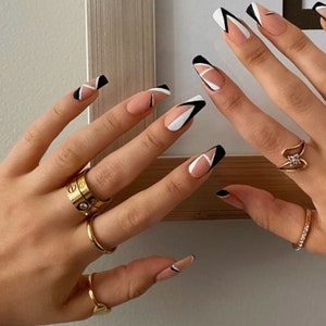 24 pcs Black White Matte Press On Nails| Press On Nail| Nail Press On| Long Coffin Press On Nail| Fake Nail| Glue On Nail |Nails with Design