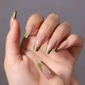 24 pcs Green Gold Coffin Press On Nails False Nail Long Press On Nails Manicure Set Luxury Nails Fake Nails Set Coffin Nail Press On image 2