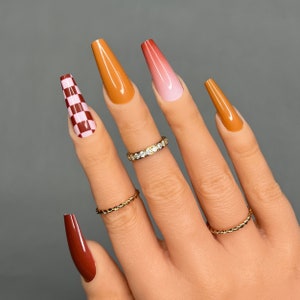 Brown Press On Nails | Brown Checkered Ombre Nails | Press On Nails | Fake Nails | False Nails | Glue On Nails