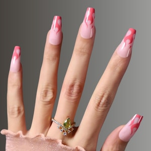 Pink Flames Coffin Press On Nails | Press On Nails Coffin| Fake Nails | Long Nails | Glue On Nails | Coffin Nails | Valentine&#39;s Day Nails