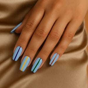 Blue Press On Nails with Multi-Colored Vertical Stripes | Glossy Long Coffin Ballerina Shape | Pastel Minimalist Fake Nail Set | Setzy Nails