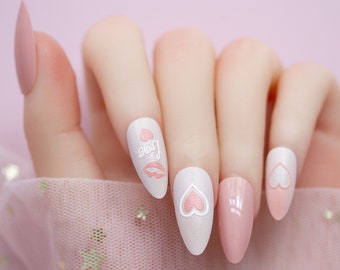 24 pcs Heart Nails| Press On Nails Short| Nail Press On| Press On Nails| Fake Nail| Almond Press On Nail| Valentines Day Press On Nail