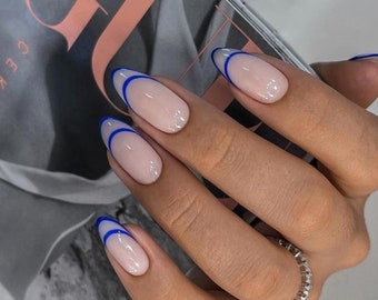 24pcs Blue French Press On Nails| Press On Nail| Nail Press On| Almond Press On Nail| Short Press On Nail|Short Nail| Fake Nail|Glue On Nail