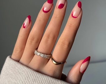 Red Swirl Press On Nails | Press On Nails Almond | Red Design Almond Press On Nails | Press On Nail Short Almond | Fake Nails | Glue On Nail