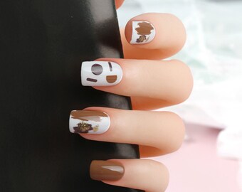 24 pcs Brown White Short Square Press On Nails | Press On Nails | Fake Nails | Glue On Nails | Short Press On Nails | Square Press On Nails