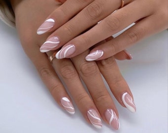 24pcs White Swirl French Nails| Press On Nails Short| Nails Press On| Press On Nails| Fake Nails| Almond Press On Nail| Press On Nail Almond