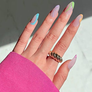 24 pcs Almond Colorful Swirl Press On Nails| Nails with Design| Press On Nails Short| Glue On Nails| Almond Nails| Nail Press On| Fake Nails