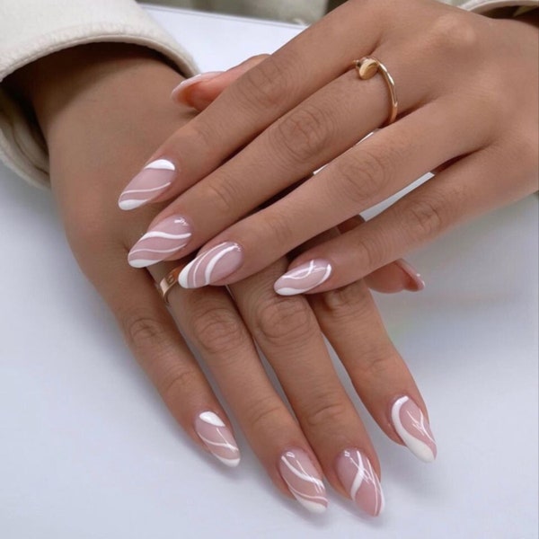 24pcs White Swirl French Nails| Press On Nails Short| Nails Press On| Press On Nails| Fake Nails| Almond Press On Nail| Press On Nail Almond