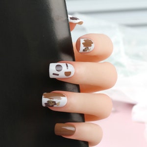 24 pcs Brown White Short Square Press On Nails | Press On Nails | Fake Nails | Glue On Nails | Short Press On Nails | Square Press On Nails