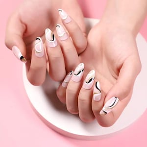 24 pcs Swirl Gold Glitter Black White Almond Press On| Fake Nail| Short Press On Nail| Manicure Set| Artificial Nail Kit|Nail Press On Short