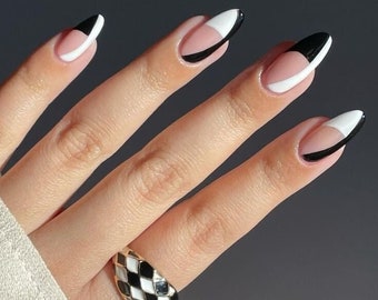 Black and White Design Almond Press On Nails| Modern French Nails| Medium Almond Press On Nails| Short Almond Press On Nail| Modern Manicure