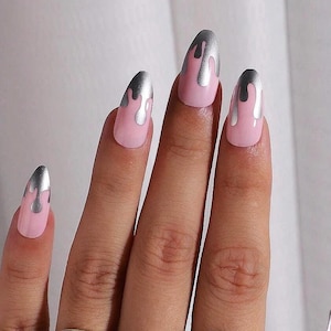 Silver Chrome Drip Press On Nails| Metallic Silver and Pink French Tip Nails| Almond Press On Nails Short| Press On Nails Almond| Fake Nails