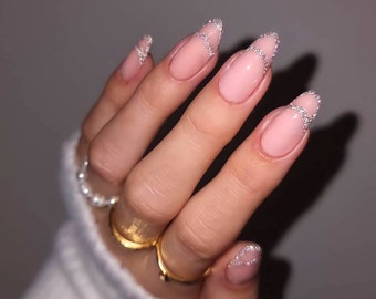 24pcs Glitter Outline French Nails| Press On Nails Short| Nail Press On| Press On Nail| Fake Nail| Almond Press On Nail|Press On Nail Almond