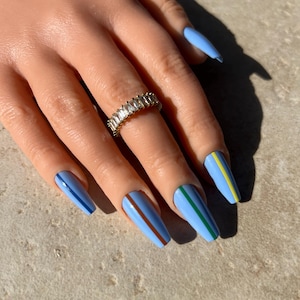 Blue Press On Nails | Long Coffin Press On Nails | Blue Nails With Multicolor Line Design | Nails With Designs | Glue On Nails | False Nails