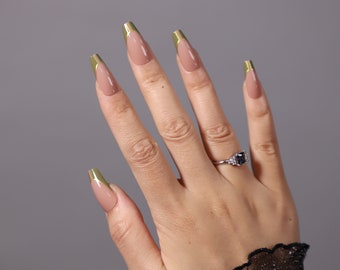 24pcs Green and Gold French Tip Press On Nails| Coffin Press On Nails| Coffin Nails Press On| Long Press On Nails| Glue On Nails| Fake Nails
